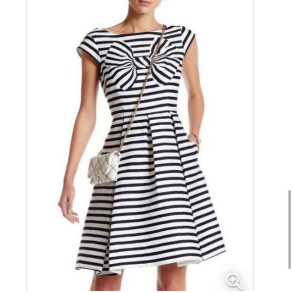 Kate Spade Mariella Black & White Striped Fit & Flare Dress Bow Print - Picture 11 of 12